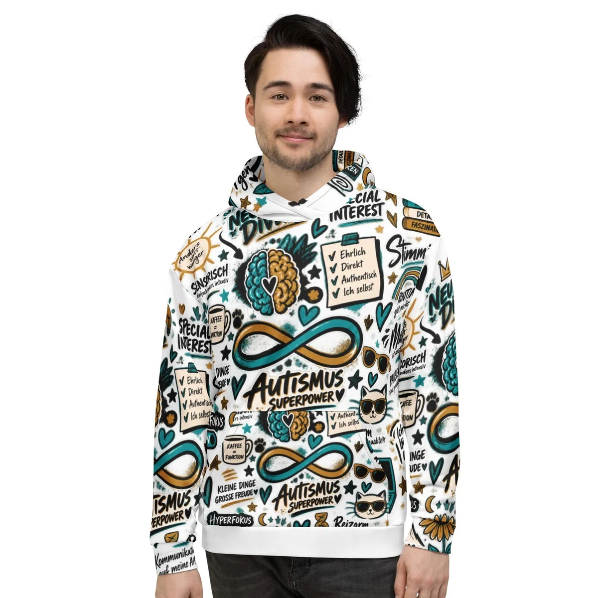 Autismus-Hoodie mit All-over-Print in Petrol, Bronze und Schwarz