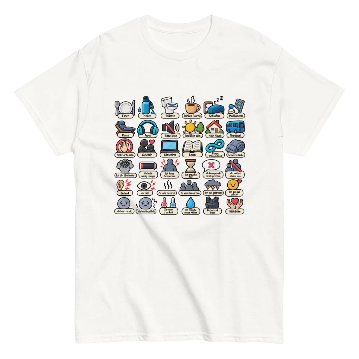 Weißes Kommunikations-Shirt mit Bedürfnis-Piktogrammen